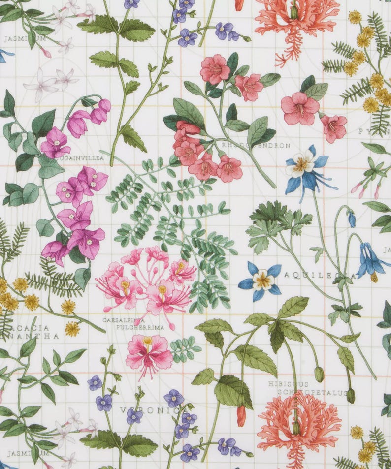 Pattern of colorful flowers and leaves on a grid background